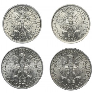 Zestaw, 5 złotych Rybak i 2 złote Jagody 1974 (4 szt.)