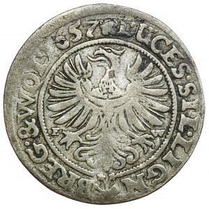 Śląsk, Księstwo Legnicko-Brzesko-Wołowskie, Jerzy III Brzeski, Ludwik IV Legnicki i Krystian Wołowsko-Oławski, 3 Krajcary Brzeg 1657 EW