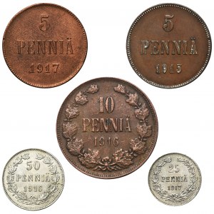 Zestaw, Finlandia, Autonomia, Mikołaj II, Penniä (5 szt.)