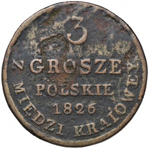 Królestwo Polskie, 3 grosze polskie z MIEDZI KRAIOWEY Warszawa 1826 IB