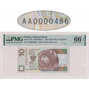 10 złotych 1994 - AA 0000486 - niski numer - PMG 66 EPQ