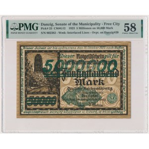 Gdańsk, 5 milionów marek 1923 - nadruk zielony - PMG 58 - atrakcyjny