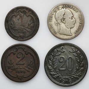 Satz, Österreich, Franz Joseph I. und Karl I., 1, 2, 10 und 20 Heller (4 Stück).