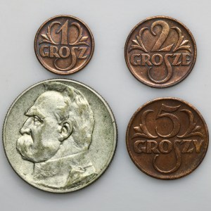 Set, Pilsudski 5 zlotys and 1-5 pennies (4 pieces).
