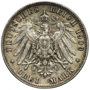 Germany, Wirtemberg, Wilhelm II, 3 Mark Stuttgart 1909 F