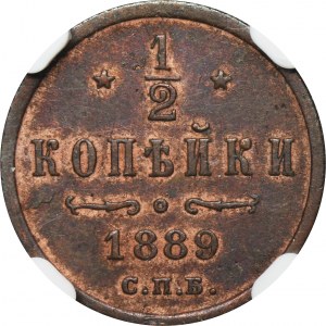 Rosja, Aleksander III, 1/2 Kopiejki Petersburg 1889 СПБ - NGC AU55 BN