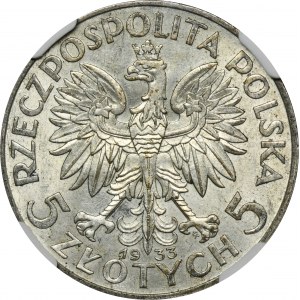 Głowa Kobiety, 5 złotych Warszawa 1933 - NGC AU58