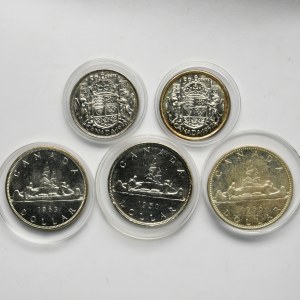 Zestaw, Kanada, Jerzy V i Elżbieta II, 50 Centów i 1 Dolar (5 szt.)