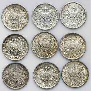 Set, Germany, German Empire, Wilhelm II, 1/2 Mark (9 pcs.)