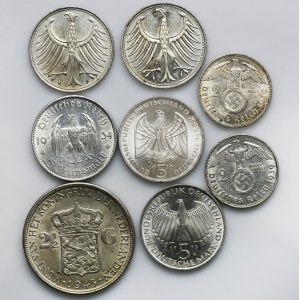 Satz, Deutschland und die Niederlande, 2 und 5 Mark und 2 1/2 Gulden (8 Stück).