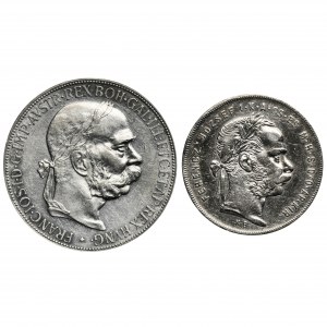Satz, Österreich und Ungarn, Franz Joseph I., 5 Kronen und 1 Forint (2 Stück).
