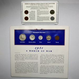 Zestaw, USA, Dwa zestawy monet związanych z II Wojną Światową (9 szt.) i znaczki pocztowe (5 szt.)