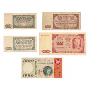 Set, PRL banknotes, 2-1,000 zlotys 1948-65 (5 pieces).