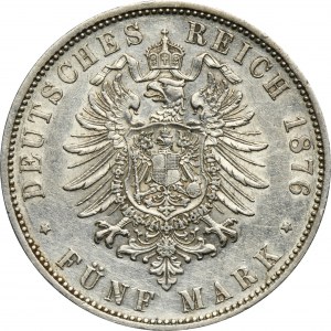 Germany, Württemberg, Karl von Württemberg, 5 Mark Stuttgart 1876 F