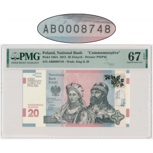 20 złotych 2015 - 1050 rocznica chrztu Polski - PMG 67 EPQ - niski numer