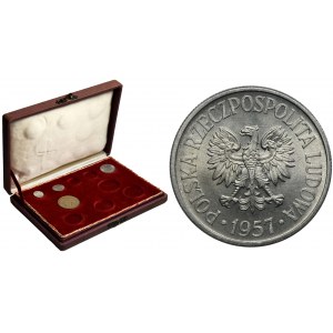 People's Republic of Poland, National Bank of Poland box with four coins including mint 50 pennies 1957