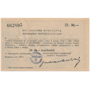 Warsaw, Certificate of fulfillment of contribution obligation worth 30 zloty 1944