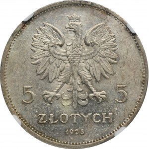 Nike, 5 złotych Bruksela 1928 - NGC AU58