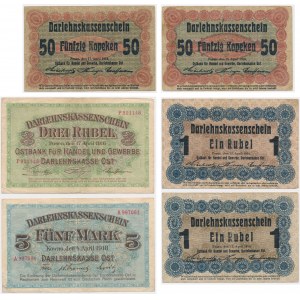 Ober Ost, Kaunas und Poznań, Satz von 50 Feen-3 Rubel, 5 Mark 1916-18 (6 Stück).