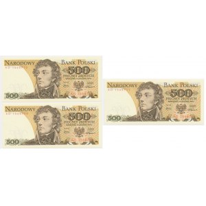 Satz, PRL 500 Zloty Banknoten 1974 - AD - fortlaufende Nummern (3 Stk.)