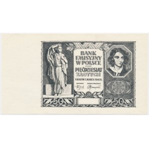 50 złotych 1940 - czarnodruk na papierze PWPW - rewers czysty -