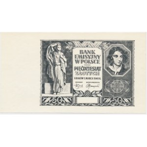 50 złotych 1940 - czarnodruk na papierze PWPW - rewers czysty -