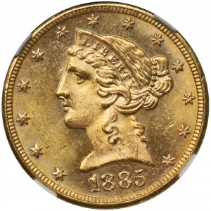 USA, 5 Dolarów Filadelfia 1885 - NGC MS63