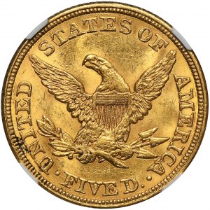 USA, 5 Dolarów Filadelfia 1855 - NGC MS62 - BARDZO RZADKIE