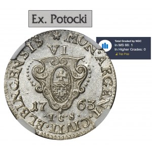 Augustus III of Poland, 6 Groschen Elbing 1763 ICS - NGC MS66 - ex. Potocki, VERY RARE