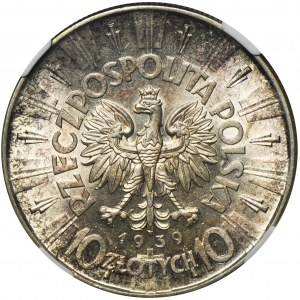 Piłsudski, 10 złotych 1939 - NGC MS62