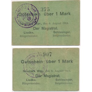 Nowemiasto (Neumark Wpr.), 1 mark 1914 - cashiered and un-cashiered (2 pieces).