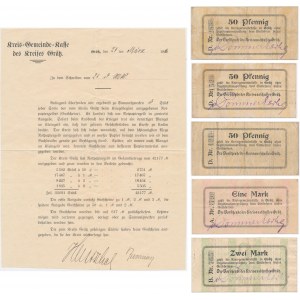 Grodzisk (Gratz), dokument opisujący emisję bonów z 1914 i zestaw 5 bonów