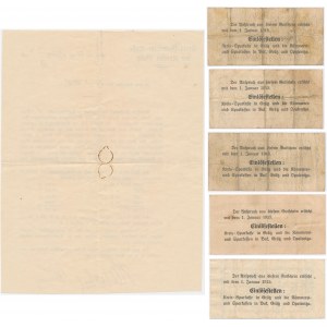 Grodzisk (Gratz), dokument opisujący emisję bonów z 1914 i zestaw 5 bonów