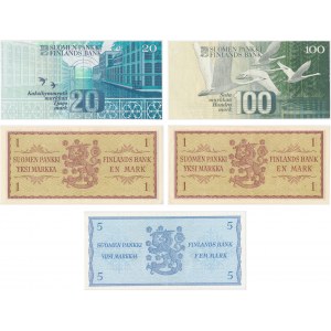 Finlandia, zestaw 1-100 marek 1963-93 (5 szt.)