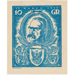 Zestaw, cegiełka na 10 groszy 1933 wydrukowana na pergaminie i godło narodowe