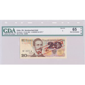 20 złotych 1982 - WZÓR - A 0000000 - No.0274 - GDA 65 EPQ