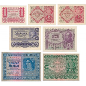 Österreich, Satz von 1-1.000 Kronen 1922 (7 Stück).