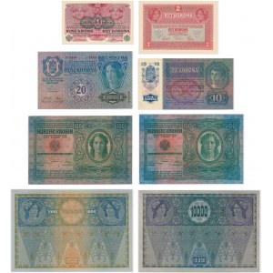 Österreich, Satz von 1-10.000 Kronen 1902/18 (8 Stück).