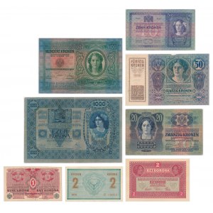 Austria, zestaw 1-1.000 koron 1904/17 (7 szt.)