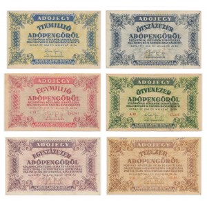 Hungary, lot 10.000 - 100 Million Adópengő 1946 (6 pcs.)