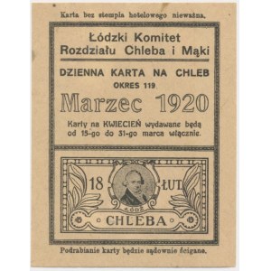 Łódź, kartka żywnościowa na chleb 1920 - 119 - jednorazowa - Śniadecki -