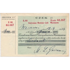 PKO w Warszawie, czek na 700 złotych 1939