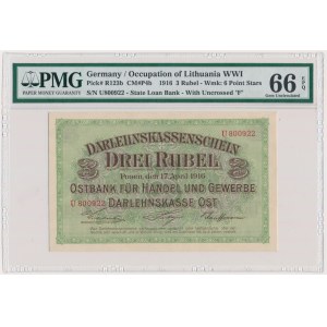 Poznań, 3 ruble 1916 - U - krótka klauzula - PMG 66 EPQ