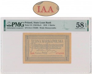 1 marka 1919 - IAA - PMG 58 EPQ - pierwsza seria - PIĘKNA