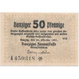 Gdańsk, 50 fenigów 1923 - Październik - numeracja z obróconą ❊ - RZADKI