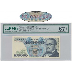 100.000 złotych 1990 - AS 0000242 - PMG 67 EPQ - niski numer seryjny