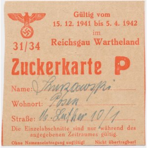 Warsaw, German food card for sugar 1941 - 31/34