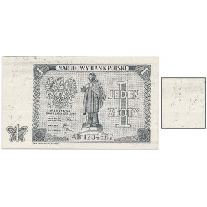 NBP, projekt banknotu 1 złoty 1948 - zabezpieczenie srebrnym brokatem - RZADKOŚĆ
