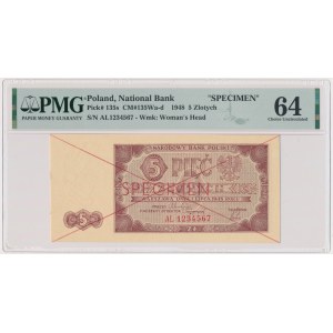 5 złotych 1948 - SPECIMEN - AL 1234567 - PMG 64