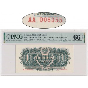 1 złoty 1944 ...owym - AA 008355 - PMG 66 EPQ - pierwsza seria - RZADKA